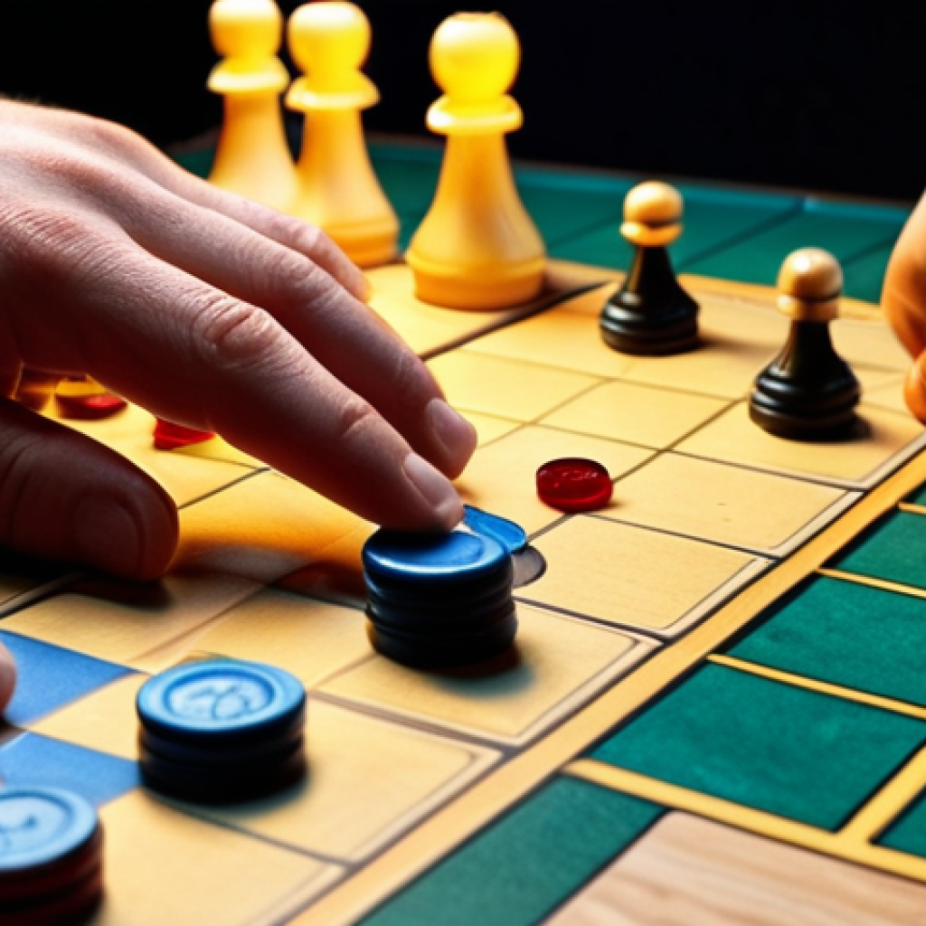 **

A well-lit close-up shot of a beautifully arranged board game (perhaps a popular Eurogame) mid-play. Hands are visible, thoughtfully moving game pieces. Focus is on the intricate details of the game components and the engaged expressions of the players. Softbox lighting creates even illumination. The overall tone is inviting and suggests the joy of strategic gameplay.

**
