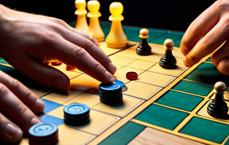 **
A well-lit close-up shot of a beautifully arranged board game (perhaps a popular Eurogame) mid-play. Hands are visible, thoughtfully moving game pieces. Focus is on the intricate details of the game components and the engaged expressions of the players. Softbox lighting creates even illumination. The overall tone is inviting and suggests the joy of strategic gameplay.
**